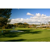 The ninth hole at Rancho Bernardo Inn golf course is a straightaway par 4 that is guarded by water on the right side of the fairway before the green. 