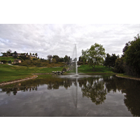 A lake with a fountain is one of the hazards at the ninth, the signature hole at Twin Oaks Golf Course.